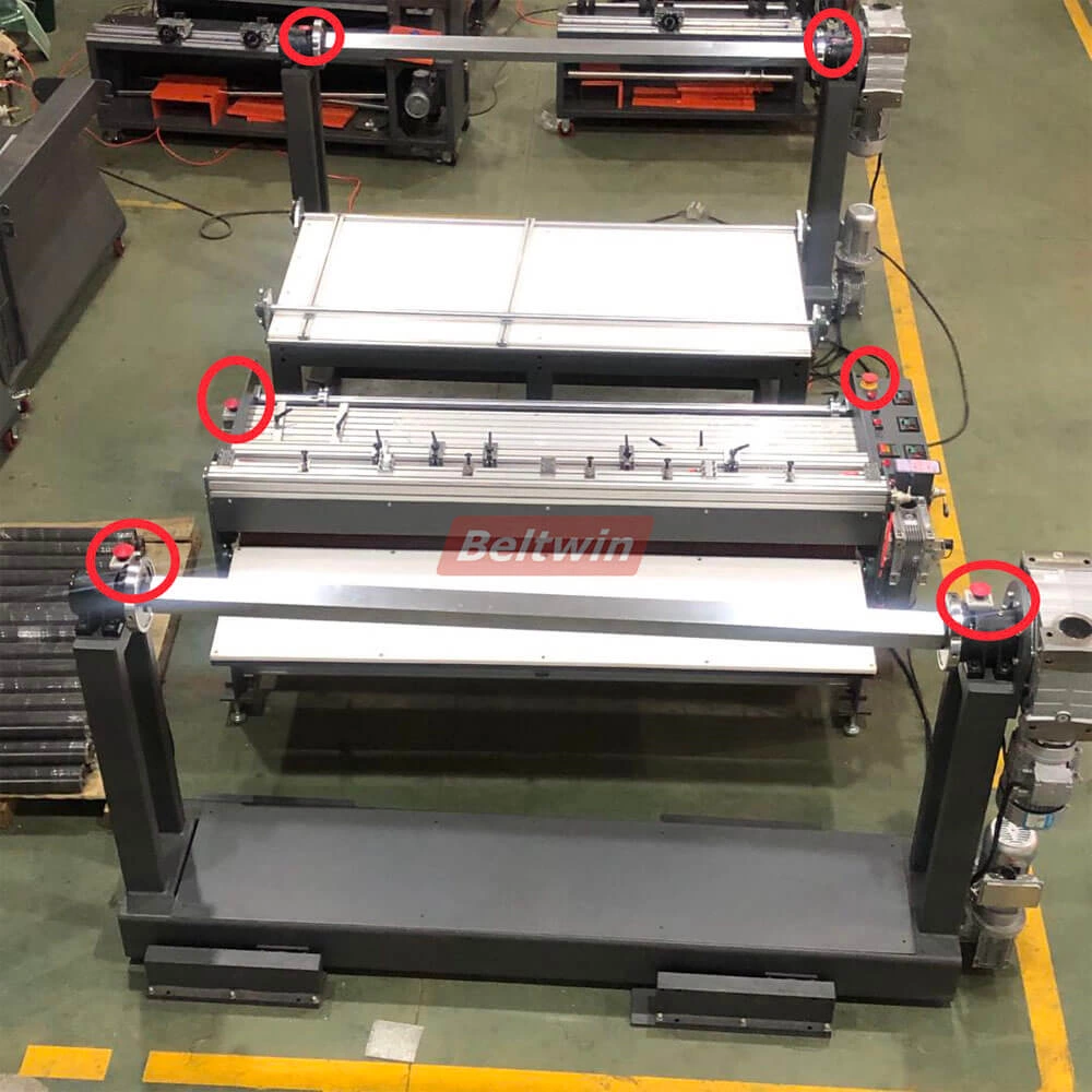 Talhadeira de correia transportadora com enrolador e rebobinador e mesa de trabalho (versão européia)