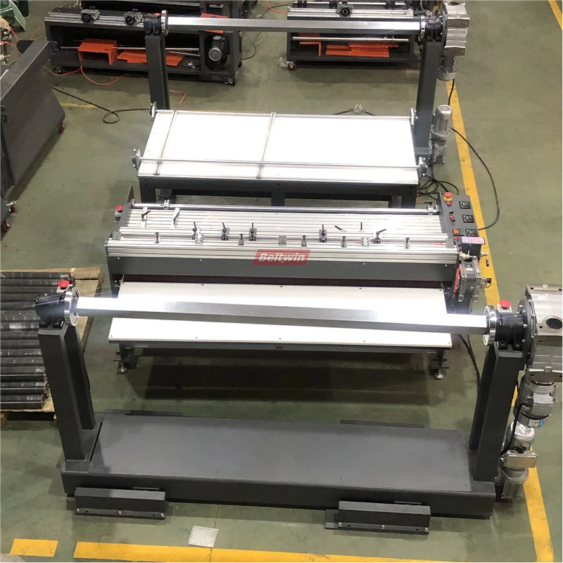 Talhadeira de correia transportadora com enrolador e rebobinador e mesa de trabalho (versão européia)