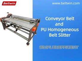 Industrial conveyor belt and homogeneous PU belt slitter machine in a factory.